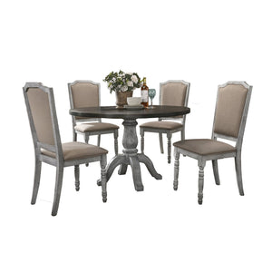 English Elm Iris Round Pedestal Farmhouse Dining Set with Upholstered Chairs Weathered Finish T2574S00179