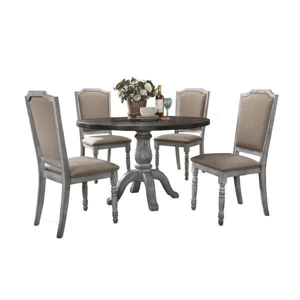 English Elm Iris Round Pedestal Farmhouse Dining Set with Upholstered Chairs Weathered Finish T2574S00179