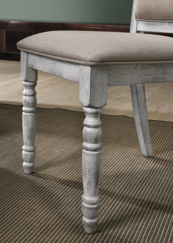 English Elm Iris Round Pedestal Farmhouse Dining Set with Upholstered Chairs Weathered Finish T2574S00179