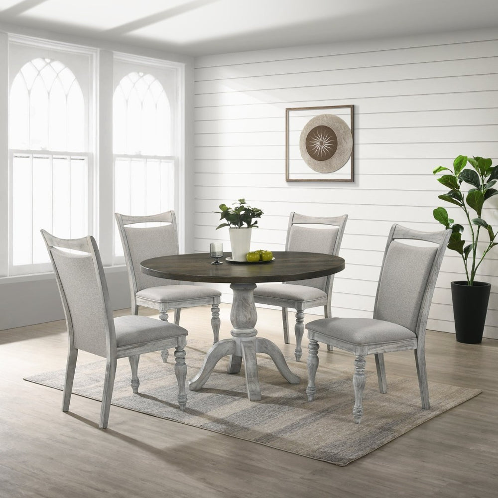 English Elm Iris Round Pedestal Dining Set Seats Four with Upholstered Chairs in Weathered Oak T2574S00180