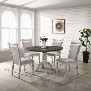 English Elm Iris Round Pedestal Dining Set Seats Four with Upholstered Chairs in Weathered Oak T2574S00180