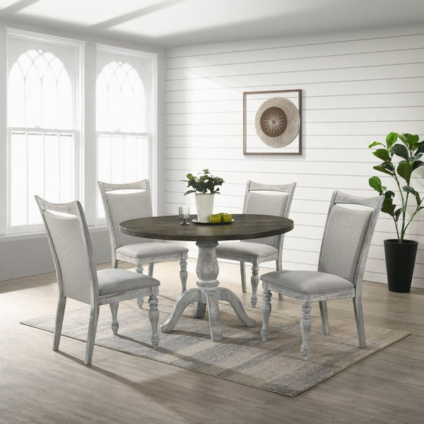 English Elm Iris Round Pedestal Dining Set Seats Four with Upholstered Chairs in Weathered Oak T2574S00180