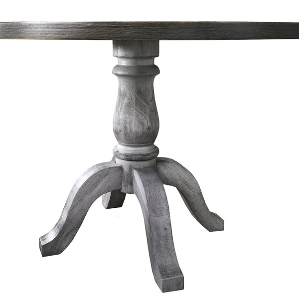 English Elm Iris Round Pedestal Dining Set Seats Four with Upholstered Chairs in Weathered Oak T2574S00180
