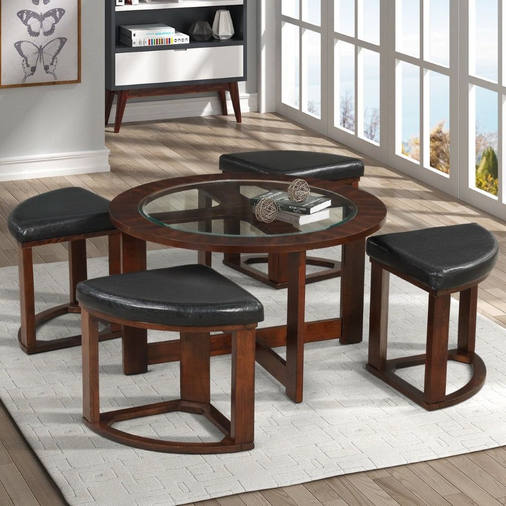 English Elm Cylina Round Glass Top Coffee Table Set with Espresso Wood Base and Four Stools T2574S00181