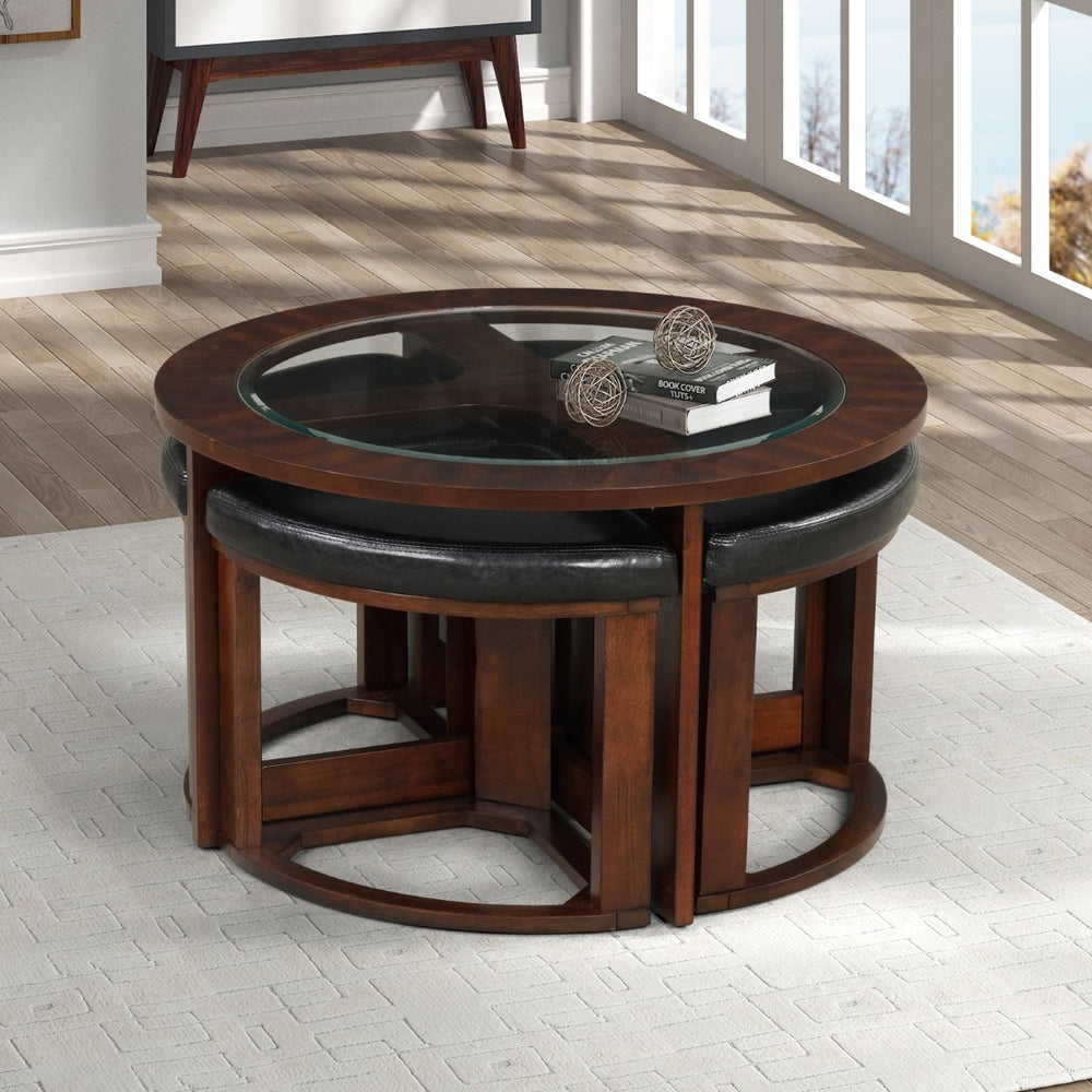 English Elm Cylina Round Glass Top Coffee Table Set with Espresso Wood Base and Four Stools T2574S00181
