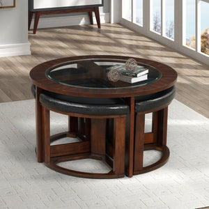 English Elm Cylina Round Glass Top Coffee Table Set with Espresso Wood Base and Four Stools T2574S00181