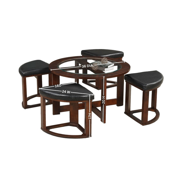 English Elm Cylina Round Glass Top Coffee Table Set with Espresso Wood Base and Four Stools T2574S00181