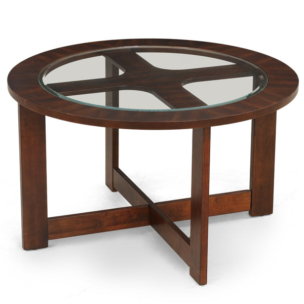 English Elm Cylina Round Glass Top Coffee Table Set with Espresso Wood Base and Four Stools T2574S00181