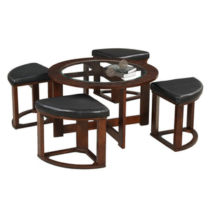 English Elm Cylina Round Glass Top Coffee Table Set with Espresso Wood Base and Four Stools T2574S00181