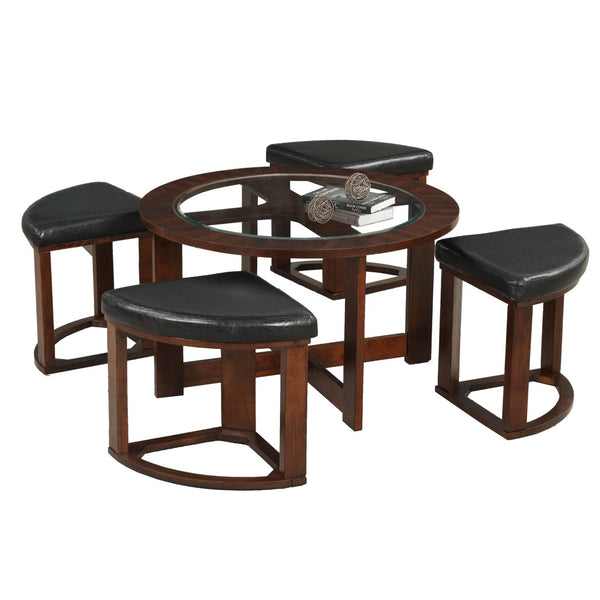 English Elm Cylina Round Glass Top Coffee Table Set with Espresso Wood Base and Four Stools T2574S00181