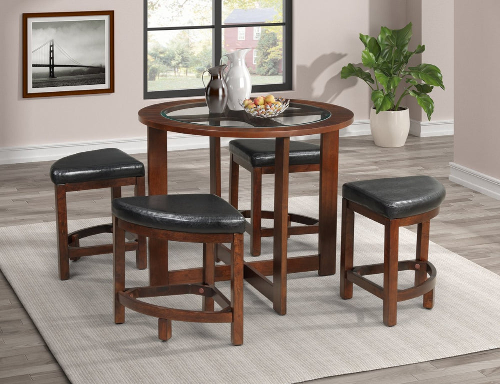 English Elm Cylina Round Glass Top Solid Wood Dining Set with 4 Bonded Leather Nesting Stools T2574S00182