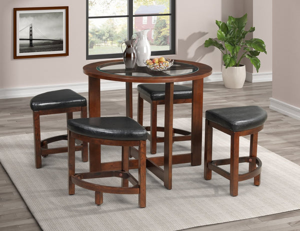 English Elm Cylina Round Glass Top Solid Wood Dining Set with 4 Bonded Leather Nesting Stools T2574S00182