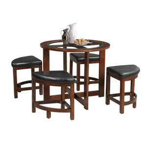 English Elm Cylina Round Glass Top Solid Wood Dining Set with 4 Bonded Leather Nesting Stools T2574S00182