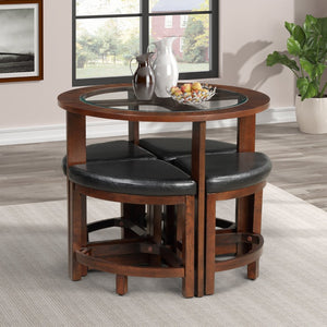 English Elm Cylina Round Glass Top Solid Wood Dining Set with 4 Bonded Leather Nesting Stools T2574S00182
