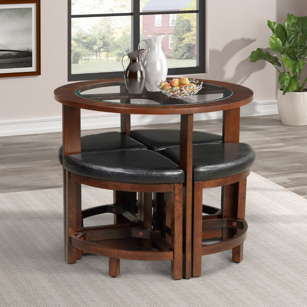 English Elm Cylina Round Glass Top Solid Wood Dining Set with 4 Bonded Leather Nesting Stools T2574S00182