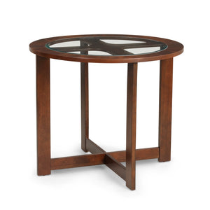 English Elm Cylina Round Glass Top Solid Wood Dining Set with 4 Bonded Leather Nesting Stools T2574S00182