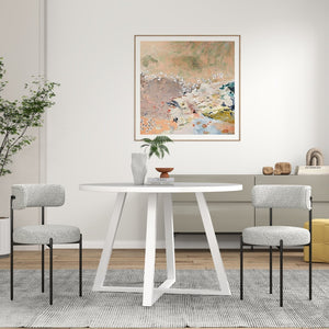 English Elm Durban Round Dining Set with Trestle Table and Two Boucle Upholstered Side Chairs T2574S00183