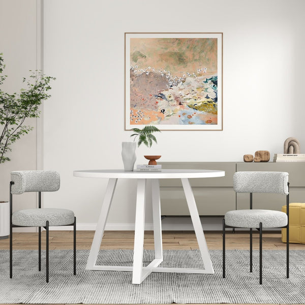 English Elm Durban Round Dining Set with Trestle Table and Two Boucle Upholstered Side Chairs T2574S00183