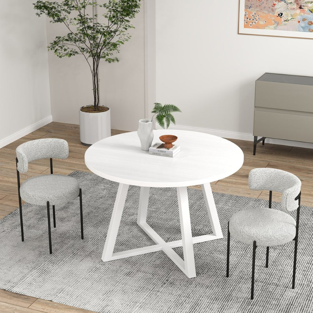English Elm Durban Round Dining Set with Trestle Table and Two Boucle Upholstered Side Chairs T2574S00183