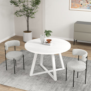 English Elm Durban Round Dining Set with Trestle Table and Two Boucle Upholstered Side Chairs T2574S00183