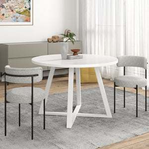 English Elm Durban Round Dining Set with Trestle Table and Two Boucle Upholstered Side Chairs T2574S00183