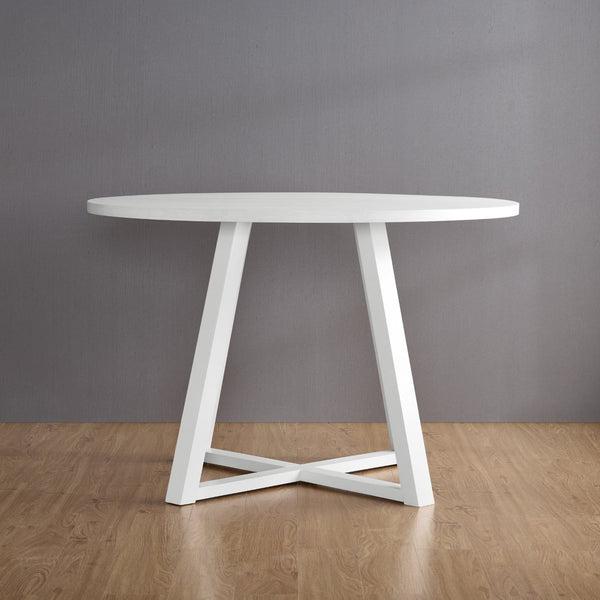 English Elm Durban Round Dining Set with Trestle Table and Two Boucle Upholstered Side Chairs T2574S00183