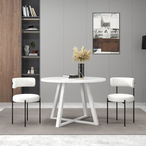 English Elm Durban Round Dining Set with Trestle Table and Boucle Chairs for Modern Spaces T2574S00184