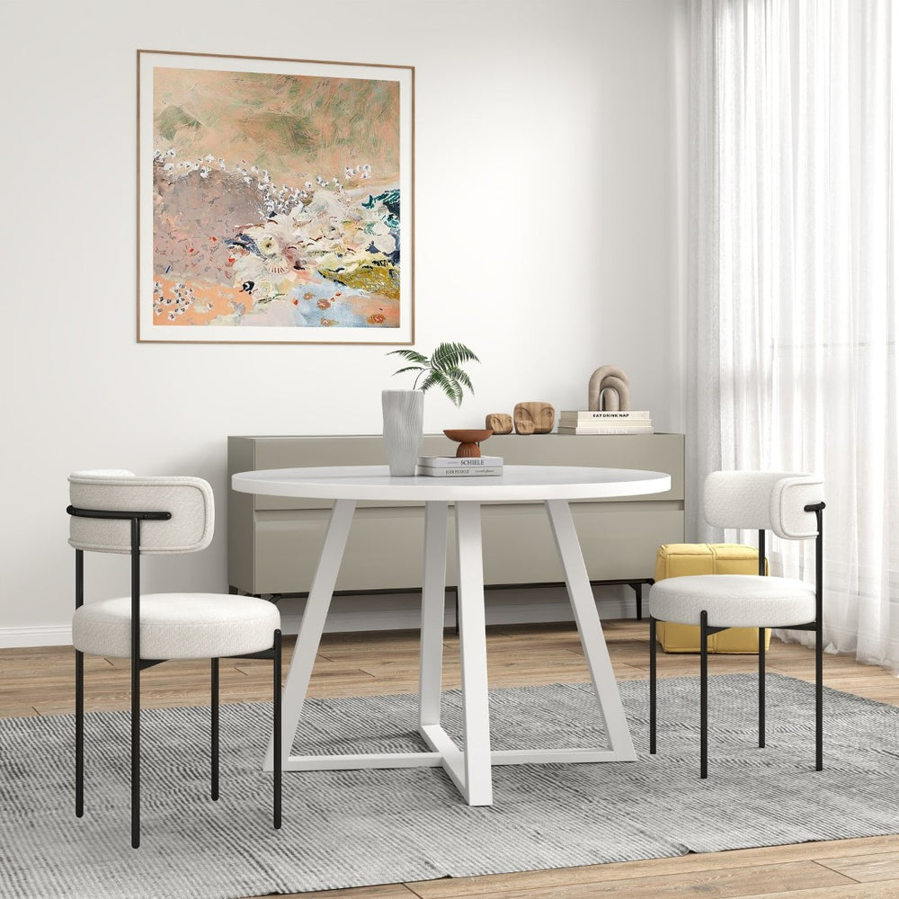English Elm Durban Round Dining Set with Trestle Table and Boucle Chairs for Modern Spaces T2574S00184