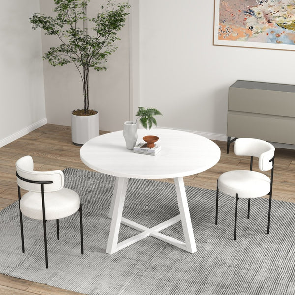 English Elm Durban Round Dining Set with Trestle Table and Boucle Chairs for Modern Spaces T2574S00184