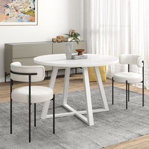 English Elm Durban Round Dining Set with Trestle Table and Boucle Chairs for Modern Spaces T2574S00184