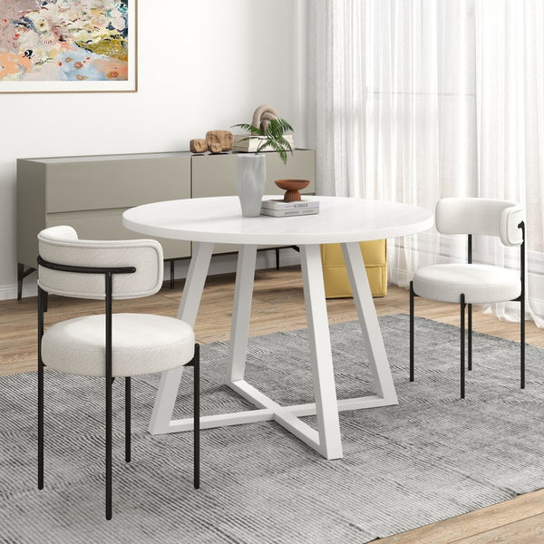 English Elm Durban Round Dining Set with Trestle Table and Boucle Chairs for Modern Spaces T2574S00184