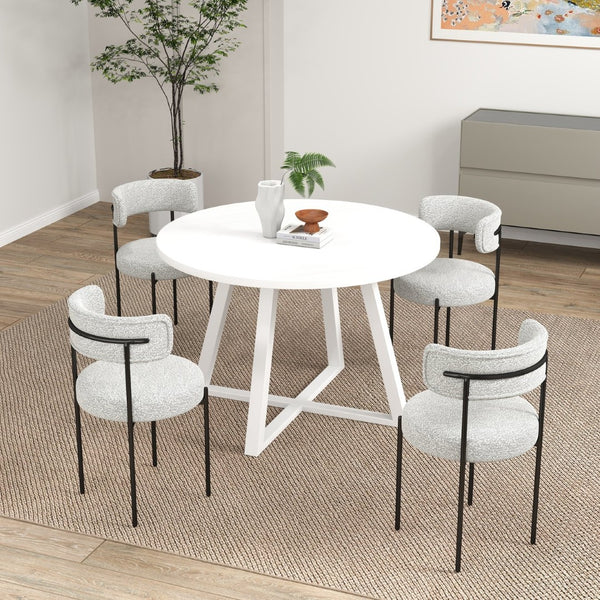 English Elm Durban Round Trestle Dining Set Seating Four with Boucle Upholstered Chairs T2574S00185