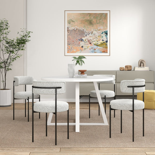 English Elm Durban Round Trestle Dining Set Seating Four with Boucle Upholstered Chairs T2574S00185