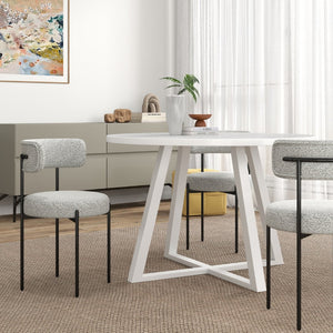 English Elm Durban Round Trestle Dining Set Seating Four with Boucle Upholstered Chairs T2574S00185