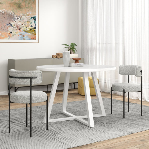 English Elm Durban Round Trestle Dining Set Seating Four with Boucle Upholstered Chairs T2574S00185