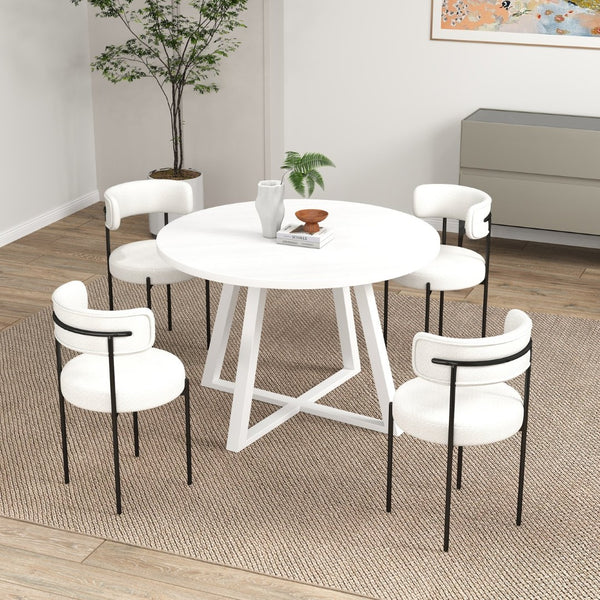 English Elm Durban Round Trestle Dining Set Seats Four with Boucle Upholstered Accent Chairs T2574S00186