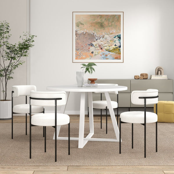 English Elm Durban Round Trestle Dining Set Seats Four with Boucle Upholstered Accent Chairs T2574S00186