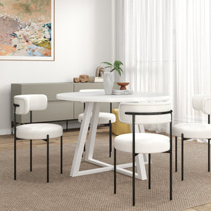 English Elm Durban Round Trestle Dining Set Seats Four with Boucle Upholstered Accent Chairs T2574S00186