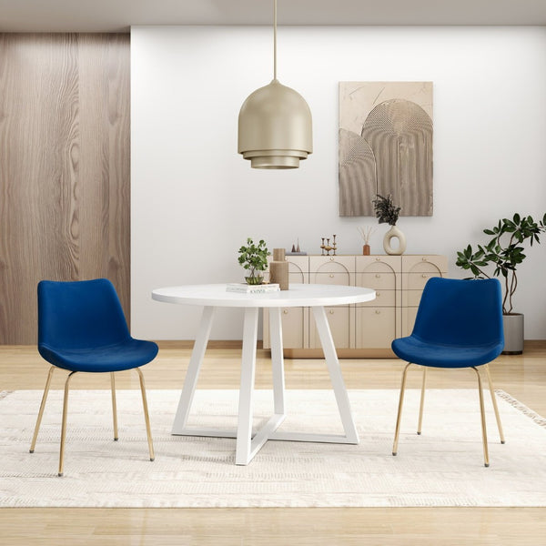 English Elm Avant Round Trestle Dining Set Velvet Chairs with Gold Frames for Modern Kitchens White+Blue T2574S00187