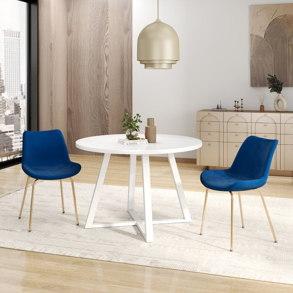 English Elm Avant Round Trestle Dining Set Velvet Chairs with Gold Frames for Modern Kitchens White+Blue T2574S00187