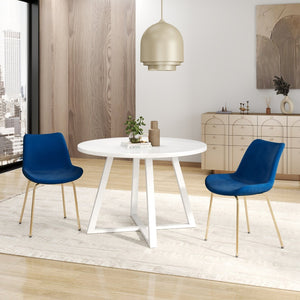 English Elm Avant Round Trestle Dining Set Velvet Chairs with Gold Frames for Modern Kitchens White+Blue T2574S00187