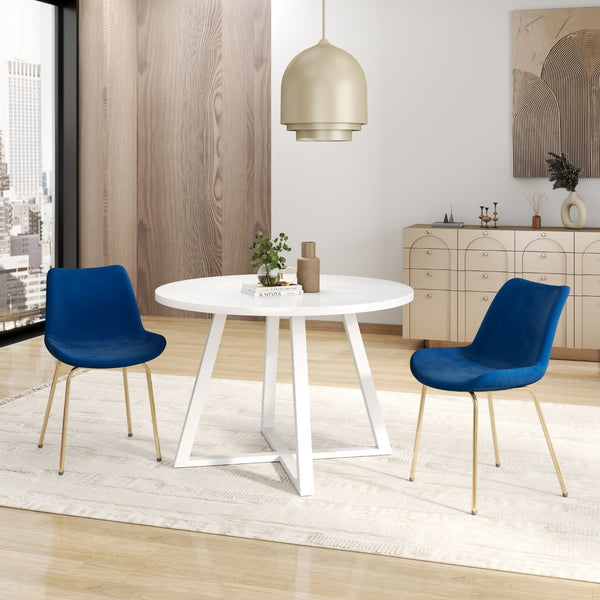 English Elm Avant Round Trestle Dining Set Velvet Chairs with Gold Frames for Modern Kitchens White+Blue T2574S00187