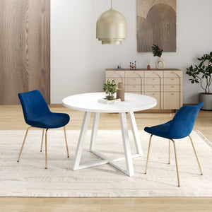 English Elm Avant Round Trestle Dining Set Velvet Chairs with Gold Frames for Modern Kitchens White+Blue T2574S00187