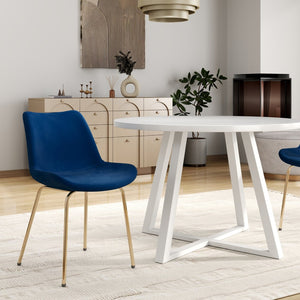 English Elm Avant Round Trestle Dining Set Velvet Chairs with Gold Frames for Modern Kitchens White+Blue T2574S00187