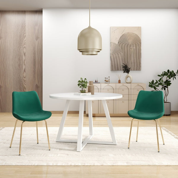 English Elm Avant Round Trestle Dining Set Velvet Chairs with Gold Frames for Modern Kitchens White+Green T2574S00189