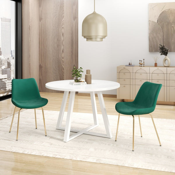 English Elm Avant Round Trestle Dining Set Velvet Chairs with Gold Frames for Modern Kitchens White+Green T2574S00189
