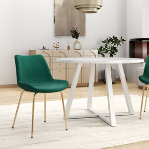 English Elm Avant Round Trestle Dining Set Velvet Chairs with Gold Frames for Modern Kitchens White+Green T2574S00189