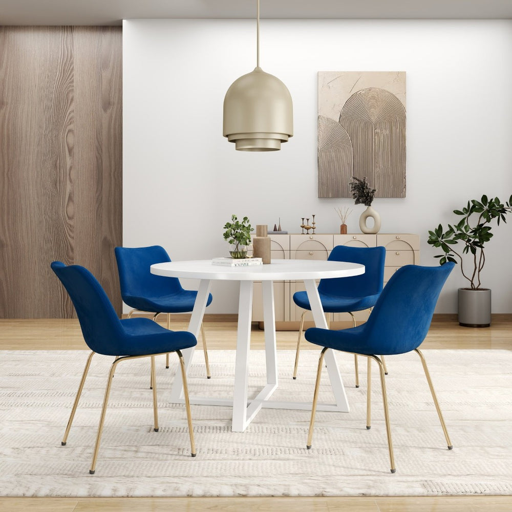 English Elm Avant Round Trestle Dining Set Seats Four with Boucle Chairs and Gold Metal Frames White+Blue T2574S00191
