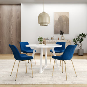 English Elm Avant Round Trestle Dining Set Seats Four with Boucle Chairs and Gold Metal Frames White+Blue T2574S00191