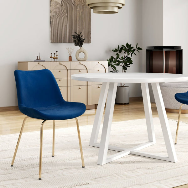 English Elm Avant Round Trestle Dining Set Seats Four with Boucle Chairs and Gold Metal Frames White+Blue T2574S00191